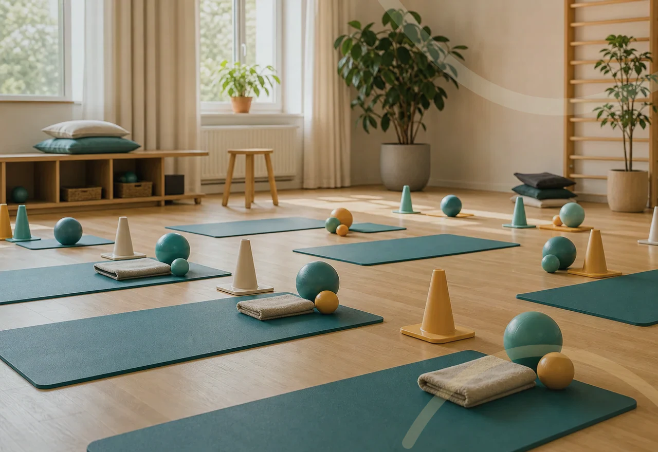 Barevné pomůcky pro rodinný pohybový workshop bez lidí